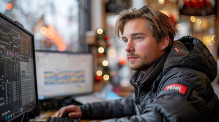 Young Man Working on Computer in Cozy Café During Winter Afternoon. Generative AI