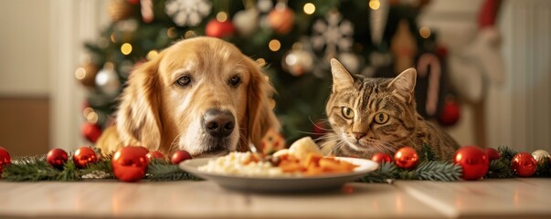 Festive dogs and cats eagerly awaiting a Christmas meal, capturing the joy and companionship of holiday gatherings.