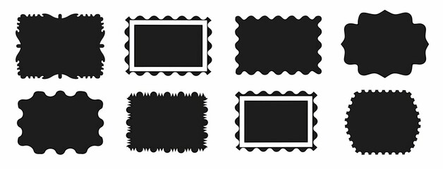 Wiggly undalute square badge, modern illustration for poster, banner, social media template. Reverse rectangle shape frame with zigzag edges. Rectangular jagged curved box element. Geometric zig zag