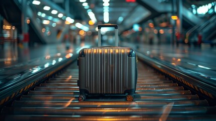 A Solo Suitcase Awaits Its Traveler in a Luminous Airport Terminal at Dusk. Generative AI