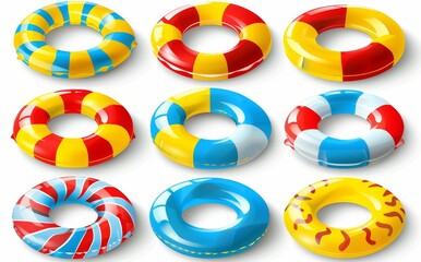A realistic illustration of a realistic beach leisure swim ring toy. Concept of safety on summer vacation. Collection of inflatable rubber rings.