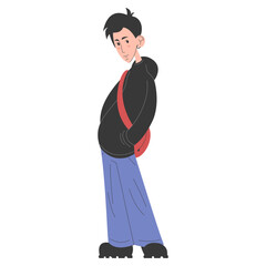 Teen boy standing vector isolated. Young person with black hair, teenager in black sweatshirt and blue jeans. Male character. Urban style.