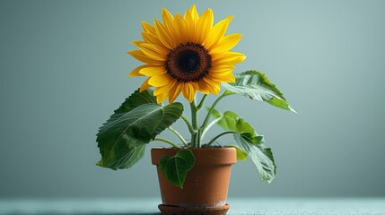 Obraz premium Vibrant Sunflower Blooming Gracefully in a Terracotta Pot Against a Soft Blue Background. Generative AI