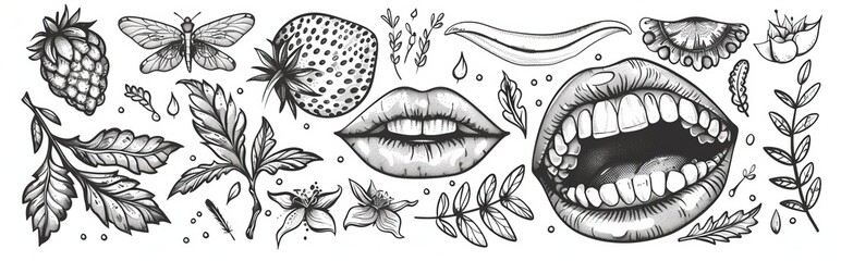 Naklejka premium Modern illustration in vintage halftone brutalist design for banner or poster. Screaming mouth, crazy eyes, flowers, dragonfly with retro photocopy stipple effect.
