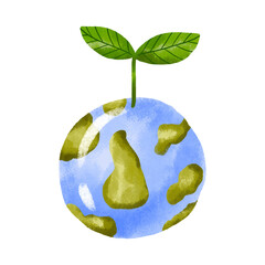 Leaf and planet earth. Eco house. Reasonable energy consumption. Hand drawn cartoon illustration on isolated background