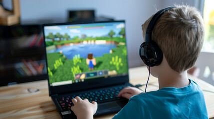 Photo of a child playing games on a laptop computer at home, wearing headphones and enjoying the game. 