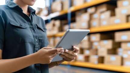 Young entrepreneur checking orders on a tablet, with a vibrant background of packed and ready-to-ship parcel boxes, highlighting the dynamics of SME business