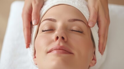 Young woman receiving a relaxing facial massage at a spa, eyes closed and serene, with a peaceful ambiance