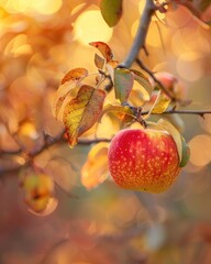 Apple on a branch with autumn colors in the background