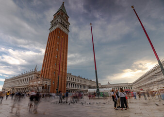 Venice, Italy - June 04, 2024: Cityscape view to Piazza San Marco. Medium cloudy sky.