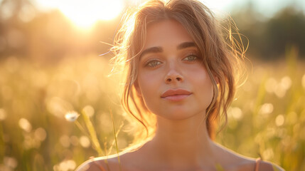 Beautiful girl on the flowers field Beautiful blonde,Healthy Lifestyle woman in the flowers field on sunset Soft focus,Summer scenes