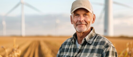 Fototapeta premium Portrait of a farmer with a wind farm in the background, merging agriculture with renewable energy and sustainable practices