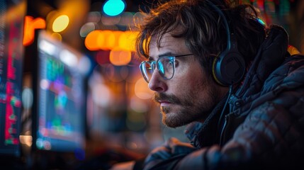 Focused Individual Analyzing Data on Multiple Screens in a Dimly Lit Room at Night. Generative AI