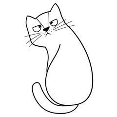 Cute grumpy cat in black and white. Funny feline character isolated element in outline. Great for coloring page, prints and cards. Vector illustration
