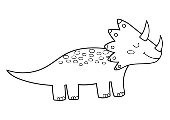Cute dinosaur triceratops in outline isolated on white background. Funny dinosaur of jurassic period in outline for coloring. Vector illustration