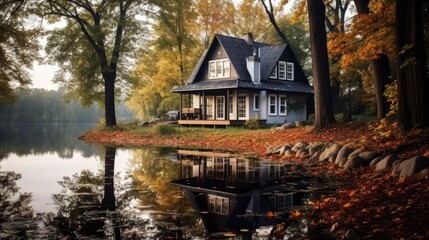 Fototapeta premium A house in the woods surrounded by trees 
