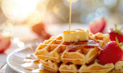 Apple syrup drizzled over waffles with a pat of butter