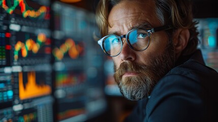 Focused Trader Analyzing Market Trends During Late Night Session in Modern Office. Generative AI