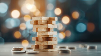 Jenga blocks falling with business-related icons and symbols on them, depicting the various risks and challenges faced in the corporate world