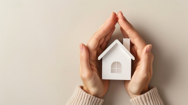 Hands encircling a model house, depicting the security and protection of home insurance