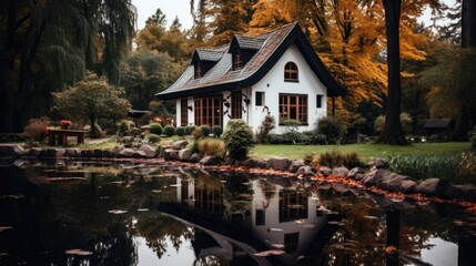 Obraz premium an old white and black house in the woods