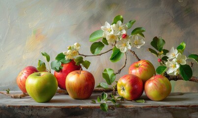 Assorted apples with apple branches and blossoms on a rustic table