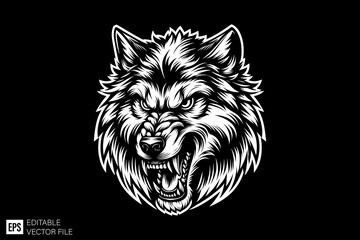 Fototapeta premium Wolf head black and white silhouette graphic clip art vector design