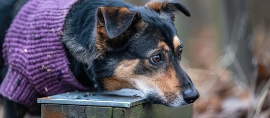 Medium-sized multicolor German Shepherd mix dog with black, brown, and white fur, wearing a violet sweater, sniffs a metal box outdoors in a horizontal day background; a man's best friend in this