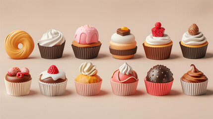 Various of sweets and desserts set and collection. chocolate cake, cupcakes, red velvet cake, apple pie, macarons, pretzel, donut, pastries, muffin, cookies, croissant. Bakery sweets isolated on white