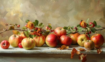 Assorted apples with apple branches and blossoms on a rustic table