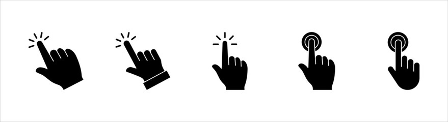 Hand cursor icon set, click icon vector, hand click, pointer, on a white background.