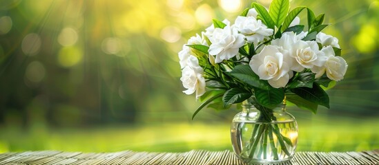 Gardenia bouquets elegantly arranged in a vase on a reed mat against a serene green meadow with a copy space image.