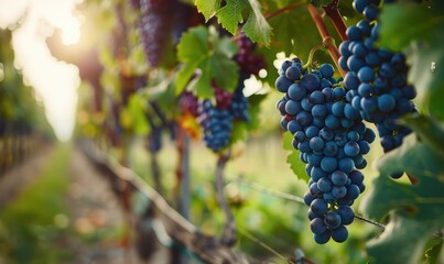 Bunches of grapes hanging from vines