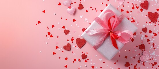 Valentine's Day celebration featuring a lovely gift, paper hearts, and a pink background with copy space image included.