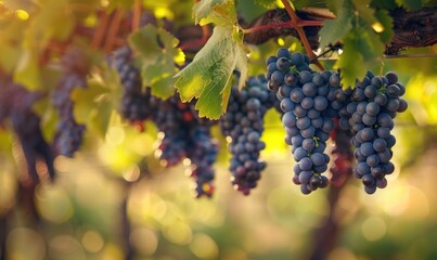 Bunches of grapes hanging from vines
