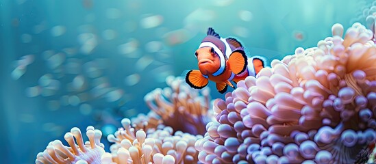 Tropical ocean scene showcasing a clown fish surrounded by anemones on an underwater reef, with copy space image.