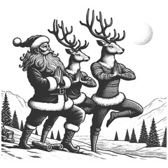 Fototapeta premium Santa Claus and two reindeer practicing yoga in a snowy landscape, holiday spirit sketch engraving generative ai fictional character raster illustration. Scratch board imitation. Black and white image