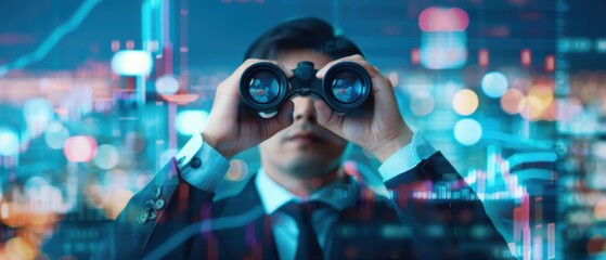 Close-up of a businessman using binoculars, with a background of a dynamic cityscape and emerging technologies, representing exceptional vision in business management