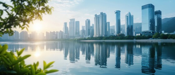 Obraz premium Cityscape blended with an image of a clear river and green hills, highlighting the balance between urbanization and environmental conservation