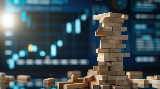 Close-up of a Jenga tower in mid-collapse, with a business graph showing a downward trend in the background, representing business risk and instability