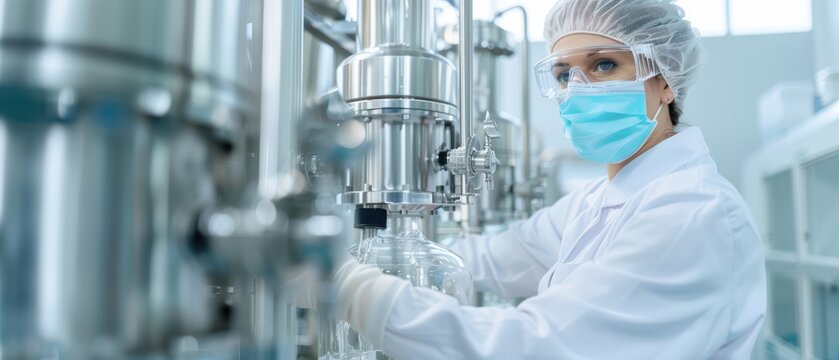 Close-up of a lab technician overseeing bioreactors in pharmaceutical manufacturing, showcasing biotech
