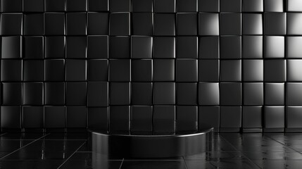 Modern black square-shaped wall and floor design with geometric pattern. Minimalist monochromatic interior architecture.