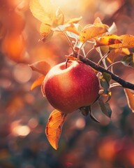 Close-up of a red apple surrounded by green leaves