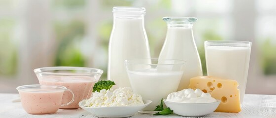 Assorted dairy products on a table, including milk, cheese, yogurt, and butter, beautifully arranged
