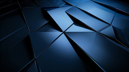 Minimalist abstract design featuring black lines and geometric forms on a dark blue gradient, with reflective metal strips creating sharp, light-defined edges.