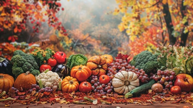 festive thanksgiving banner, thanksgiving banner with fresh vegetables grown outdoors, set against a backdrop of colorful autumn foliage, creating a rich and inviting atmosphere