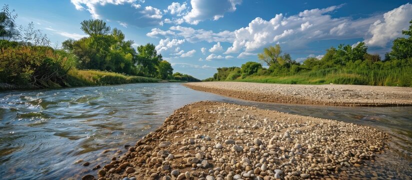 Sharp-angled gravel sandbar in a river with scenic nature landscape; ideal for a copy space image.