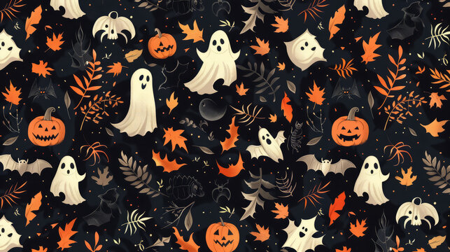 seamless pattern featuring classic Halloween symbols intertwined with autumn leaves.