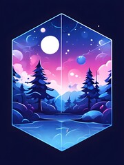 winter landscape with christmas tree in a cube