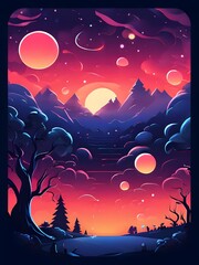 cartoon landscape with moon and stars